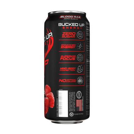 Bucked Up Energy Drink - Blood Raz (Zero Sugar) (1 Case / 12 Cans) 355ml cans